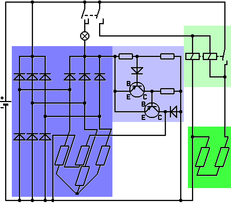 Komplette Schaltung mit Generator (blau), Spannungsregler (hellblau), Starter (gr&uuml;n) und Magnetschalter (hellgr&uuml;n)