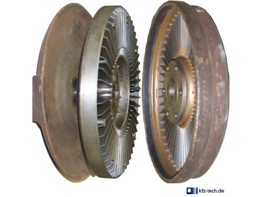 Pumpenrad (rechts im Geh&auml;use integriert) und Turbinenrad (links) mit gleichartiger Formgebung - gr&ouml;&szlig;eres Bild durch Anklicken!
